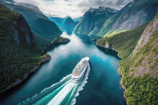 A cruise ship sailing through a massive Norwegian fjord